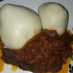 A picture of Pounded yam with stew.