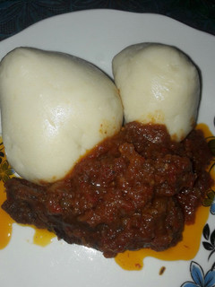 A picture of Pounded yam with stew.