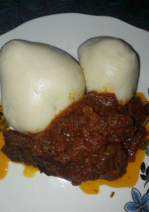 A picture of Pounded yam with stew.