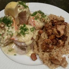 A picture of Brad's salmon roll ups with lemon dill cream sauce.