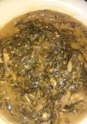 A picture of Okasi and ugu soup.