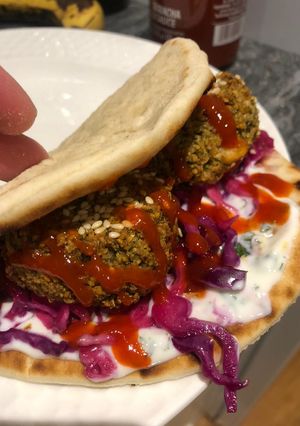 A picture of Herby falafel - lightly fried then oven baked 🧆.