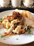 Indonesian tofu egg salad with spicy sweet soy dipping sauce (tahu telur sambal kecap)