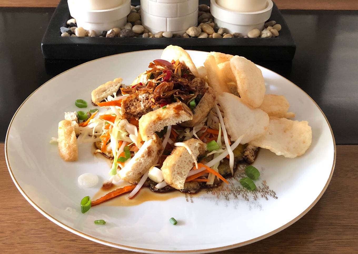 Indonesian tofu egg salad with spicy sweet soy dipping sauce (tahu telur sambal kecap)