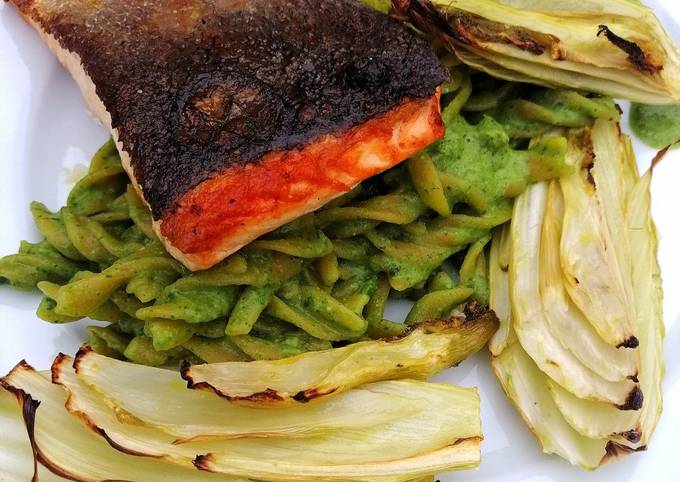 Pan roasted salmon/lentil pasta, green pesto and roasted fennel