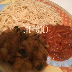Spaghetti/ porridge yam and beef stew A picture of Spaghetti/ porridge yam and beef stew.