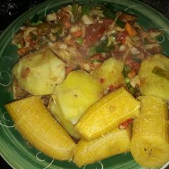 A picture of Boil fresh Potatoes and ripe plantain with veggis.