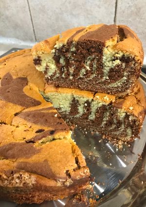 A picture of Zebra like vanilla and cocoa cake no eggs no butter.
