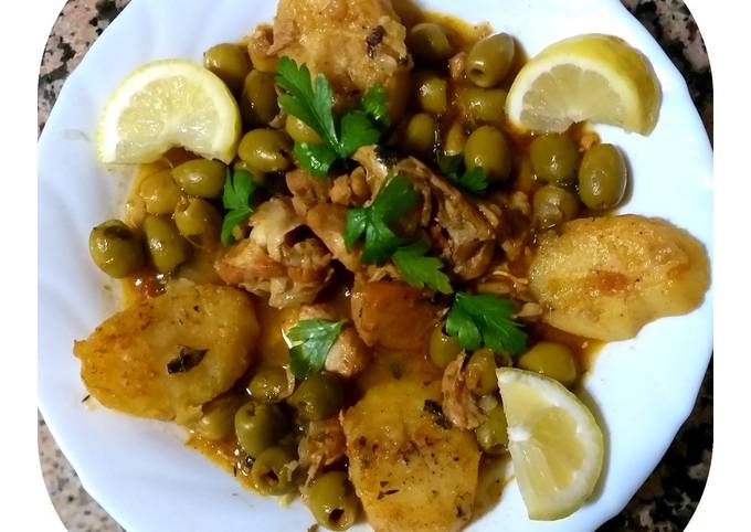 Tadjine au olives verts,poulet,pommes de terre