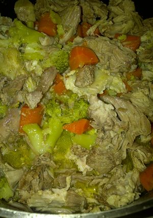 A picture of Pork Carrots and broccoli.