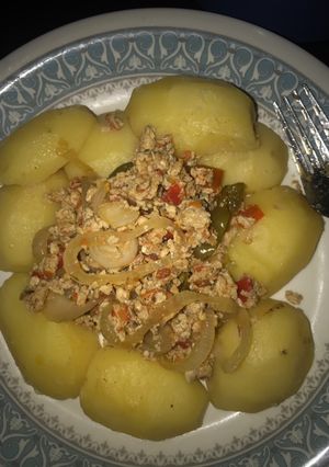 A picture of Boiled Irish potatoes with scrambled eggs.