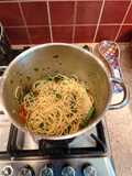 Spaghetti with chilli, parsley, tomato & french beans (alio Olio)