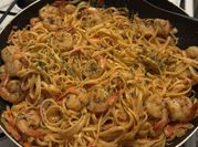 A picture of cherry tomato and shrimp pasta