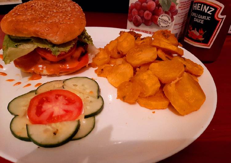 Burger served with bhajias