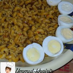 A picture of Macaroni and boiled eggs.