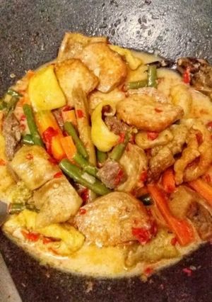 A picture of Krecek Tahu Sayur / Crispy Cattle Skin With Veg in Coconut Milk.