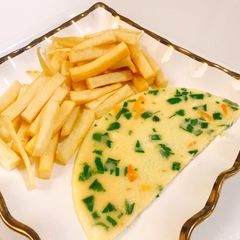 A picture of Yam fries and omelette.