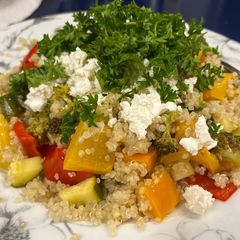 A picture of Warm Salad with Baked Veggies and Goat Cheese.