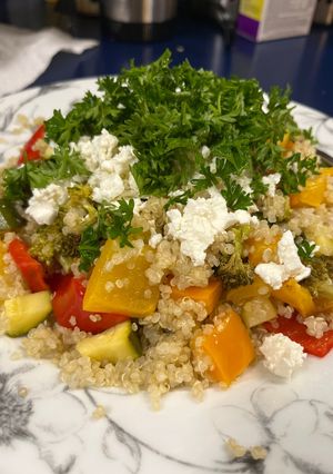 A picture of Warm Salad with Baked Veggies and Goat Cheese.
