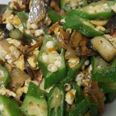 A picture of Fried Lady Fingers with Egg and Anchovies (Malaysian Style).