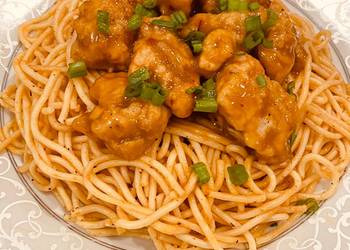 New Recipe Orange Chicken with spicy spaghetti Delicious