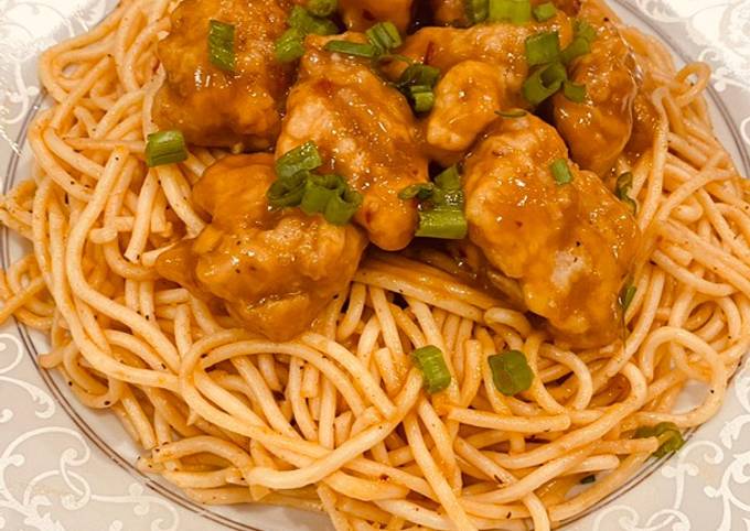 Orange Chicken with spicy spaghetti