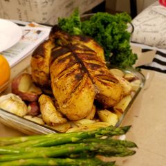 A picture of Asparagus + Roasted Chicken.