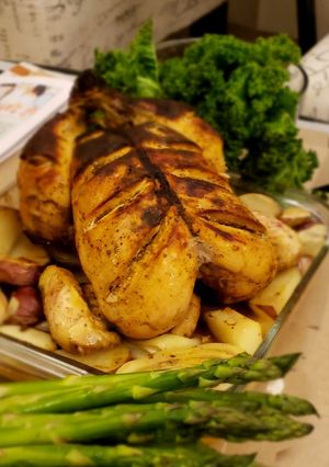 A picture of Asparagus + Roasted Chicken.