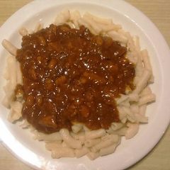 A picture of Macaroni,tin fish and baked beans.