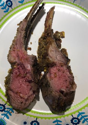 A picture of Holiday French Rack of Lamb with a Pistachio Crust 🐑.