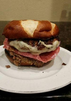 A picture of Brad's muffelletta burger.