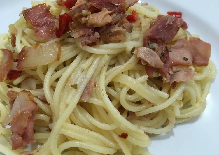 Resep Aglio olio tuna bacon Anti Gagal