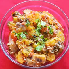 A picture of Sweet Potato and Raw Banana Subji.