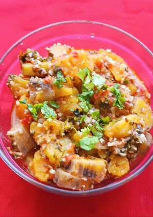 A picture of Sweet Potato and Raw Banana Subji.