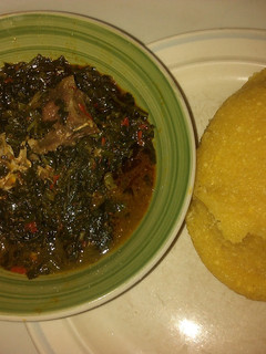 A picture of Eba with vegetables soup.