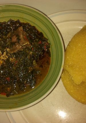 A picture of Eba with vegetables soup.