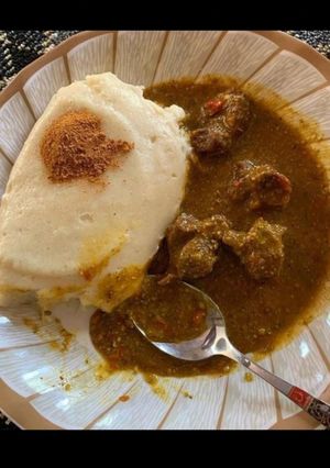 A picture of Tuwon semolina n dry okro soup.