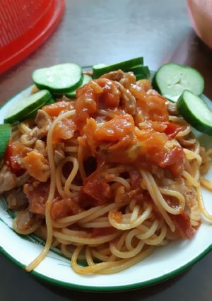 Hình của món Mỳ ý thịt bò và tôm khô.