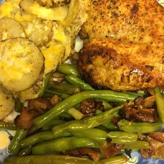 A picture of Asian Marinated Chicken w/ Bacon Steamed Fresh Green Beans.