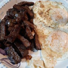 Steak, Onions, and Eggs A picture of Steak, Onions, and Eggs.