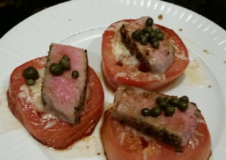 Steps to Prepare Quick Brad&#39;s cheesey tomatoes with seared ahi tuna and capers