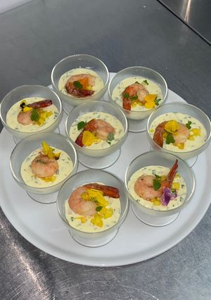 A picture of Tiger prawns, coconut and mango salsa.