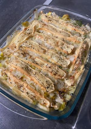 Une photo de Gratin de poireaux et chou blanc au reblochon 🧀 🥬