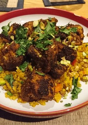 A picture of Lentil and apricot pilaf with spiced cauliflower.