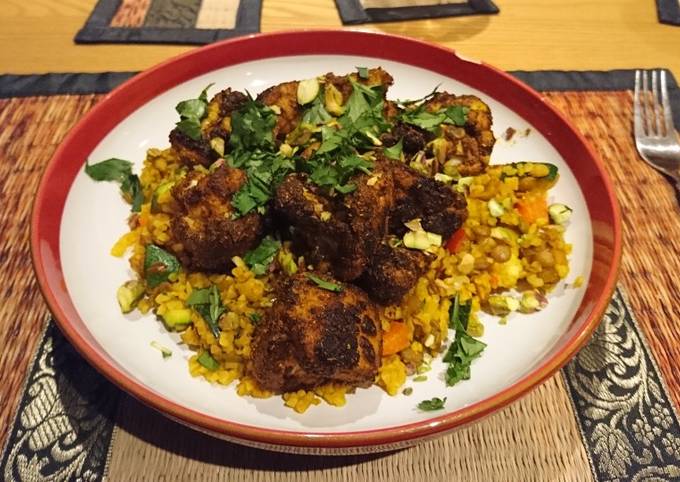 Lentil and apricot pilaf with spiced cauliflower