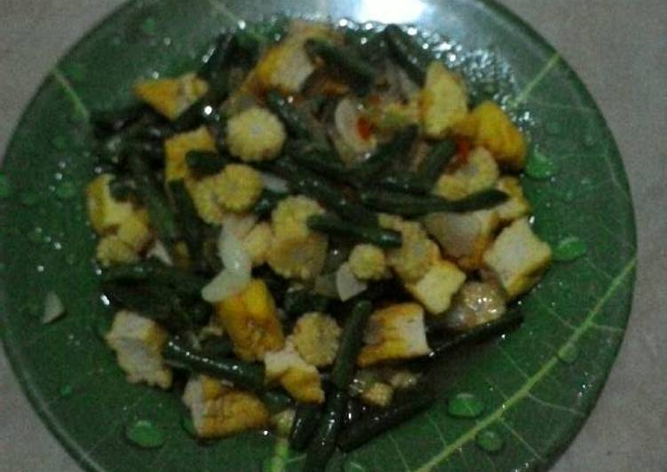 Proses memasak Tumis kacang panjang,tahu dan jagung muda yang nikmat