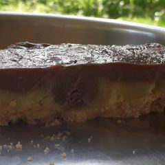3-layered custard chocolate cake - Eggless and without oven A picture of 3-layered custard chocolate cake - Eggless and without oven.