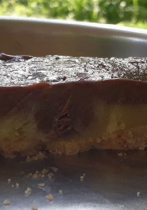 A picture of 3-layered custard chocolate cake - Eggless and without oven.
