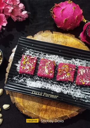 A picture of Red Dragon Fruit Coconut Burfi.