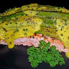 A picture of Mike's EZ Roasted Asparagus And Hollandaise Over Salmon Filets.